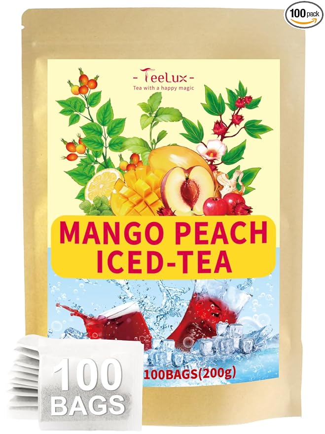 TeeLux Mango Peach Iced Tea, Rosehips Tea with Hibiscus & Chamomile & Lemon Balm, Refreshing Tart & Sweet Taste, Caffeine Free, 100 Count