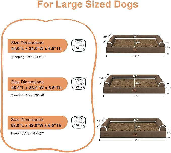 Orthopedic Dog Bed for XX-Large Dogs, 44 x 34 Inch, Dark Coffee | Egg crate foam for joint support, 3-sided bolster pet sofa, waterproof lining, washable cover, and non-skid base