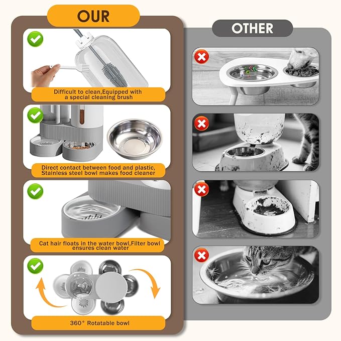2 in 1 Automatic Gravity Cat Dog Feeder and Water Dispenser with 304 Stainless Steel Bowls, 360 Degree Rotatable Auto Food with 2 Specialized Brushes for Small Medium Pet Dog Puppy Kitten (Gray)
