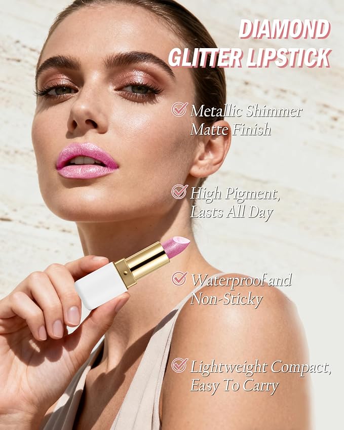 Diamond Glitter Lipstick, Rose Pink Shimmer Matte Metallic Lipstick, High Pigmented Waterproof Long Lasting Lip Gloss, Shiny Non-Sticky Creamy Lip Stain, Christmas Lip Makeup Gift for Women Girl-10