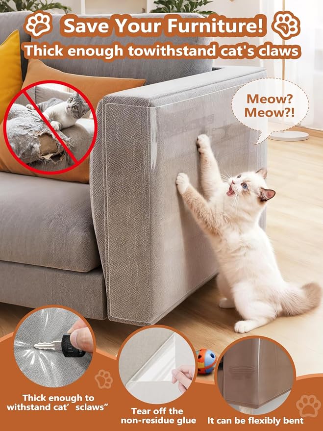 Extra Thick Clear Anti Cat Scratch Furniture Protector 17" x 197" | Couch Protector from Cat Claws - Single Sided Sticky Flexible Pet Tape for Furniture, for Couch Corner Door Walls Bed