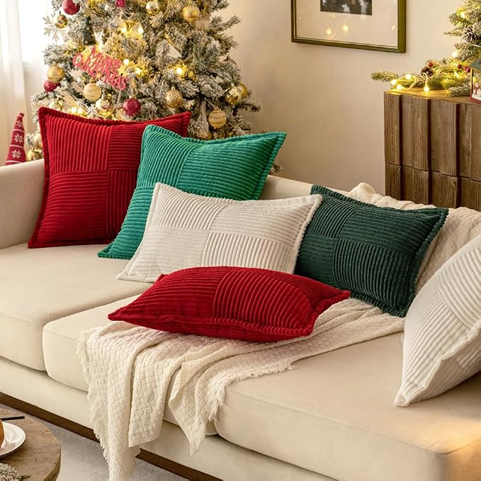 MIULEE Decorative Lumbar Throw Pillow Covers 12x20 Inch White 2 Pack | Boho Broadside Striped Patchwork Pillow Covers, Soft Corduroy Cushion Cases, For Couch Sofa Bed Livingroom Home Decor