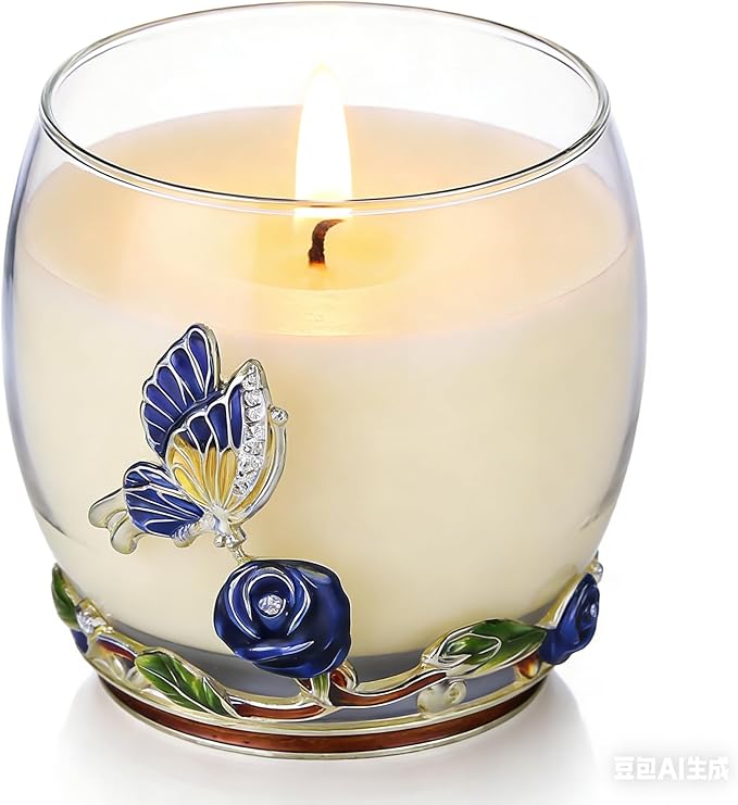 Scented Candles Gifts for Women - Enamel Butterfly & Blue Rose Decorative Glass Jar with Faceted Crystal Lid, Special Candle for Friend Mom Sister Friend, Unique Birthday Mother's Day Christmas Gift