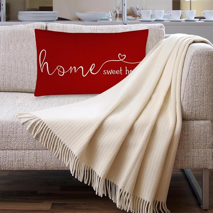 Home Sweet Home Quotes Farmhouse Pillow Covers, 12x20 Inch, Decorative Throw Pillow Case, Housewarming Gift, Red
