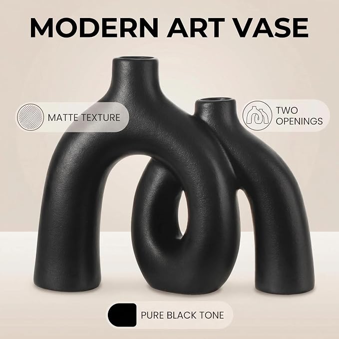 CEMABT Modern Nordic Boho Vase Set - Elegant Black Matte Ceramic Home Decor for Living Room, Bookshelf, Mantel, Entryway Table & Console Décor | Shelf Decorations Gift