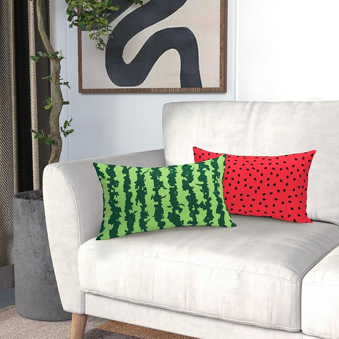 Watermelon Lumbar Pillow Covers 12X20 Inch Set of 2 Summer Fruits Decorative Pillow Cases Green Red Stripes Cotton Linen Cushion Case Farmhouse Modern Home Decor for Sofa Couch Bedroom