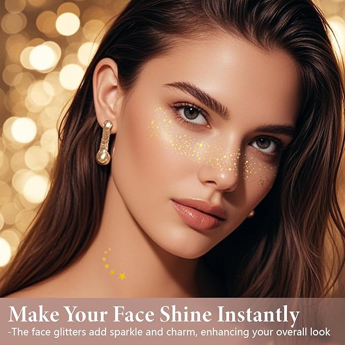 16 PCS Temporary Tattoos, Face Glitter, Gold Face Tattoos Stickers, Temporary Body Face Glitter, Makeup Patches for Women Girls Music Festival, Carnival Party, Halloween