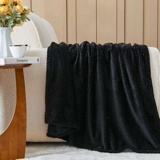 NEWCOSPLAY Fleece Leaves Pattern Throw Blanket, Black, 50"x60" | Super Soft Throw Blanket, Lightweight Cozy Bed Sofa Blanket, Premium Silky Flannel Fleece, Travel Blanket for All Season Use