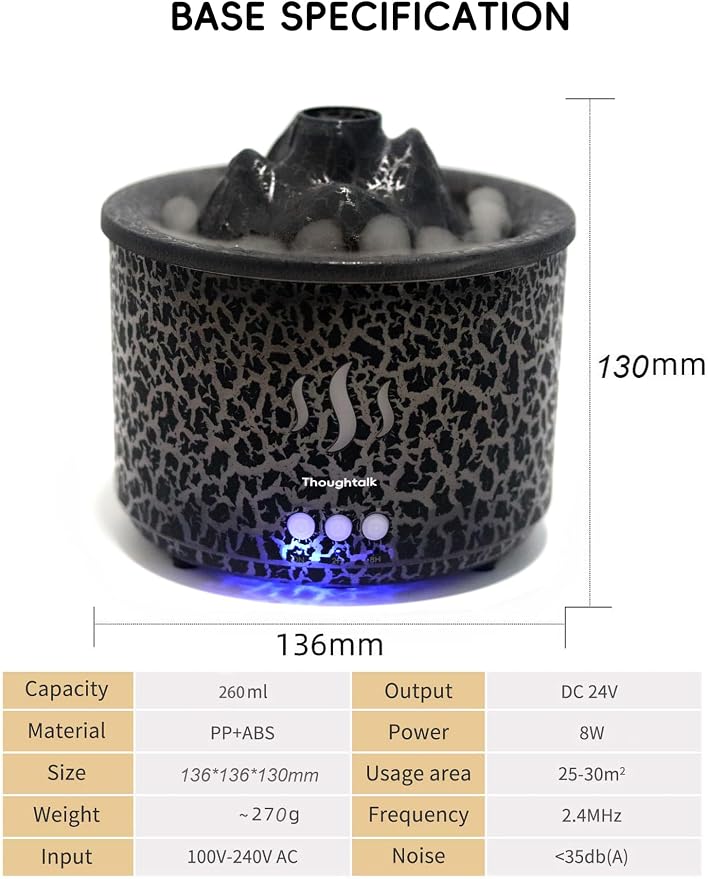 3in1 Night Light Volcano Essential Oil Diffuser Air Humidifiers for Bedroom | 260ml, 2mist modes, 12H Running Aromatherapy for home, 8H Running humidifier for bedroom, 3 Night Light, 3in1, Remote Control