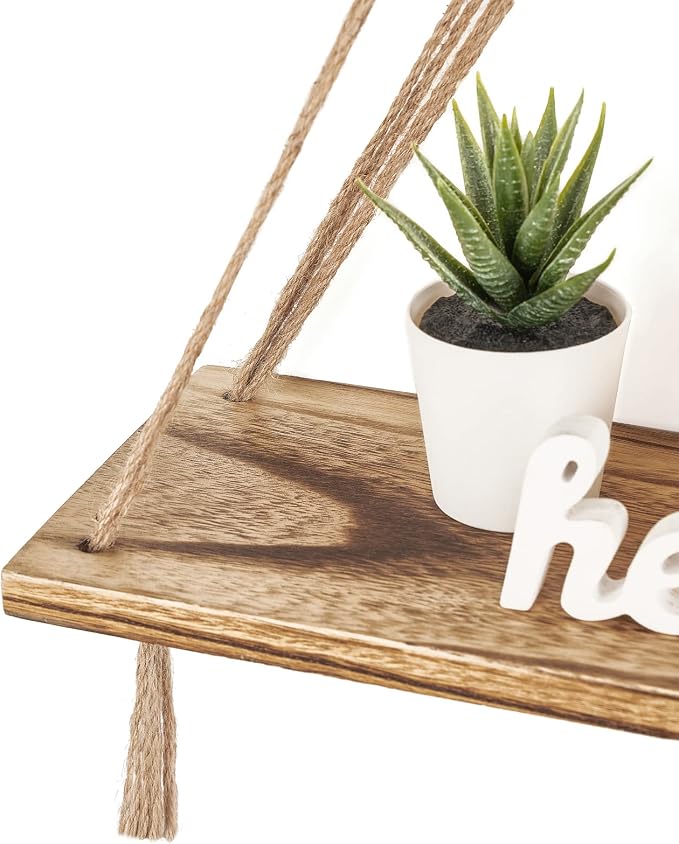 Mkono Macrame Hanging Shelves Boho Wall Decor Set of 2 Floating Wood Shelf | Cute Room Decor for Teen Girls Display Storage Shelves for Hanging Plant Photos Fit Bedroom Bathroom Living Room Nursery Dorm