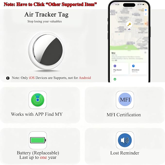 Air Tracker Tags 2 Pack, Bluetooth Tracker for iPhone iPad Find My iOS Only | Key Item Finder Locator with Sound, Smart Luggage Tag for Suitcases, Keys, Bags, Pets, Wallet, Backpack, Replaceable Battery