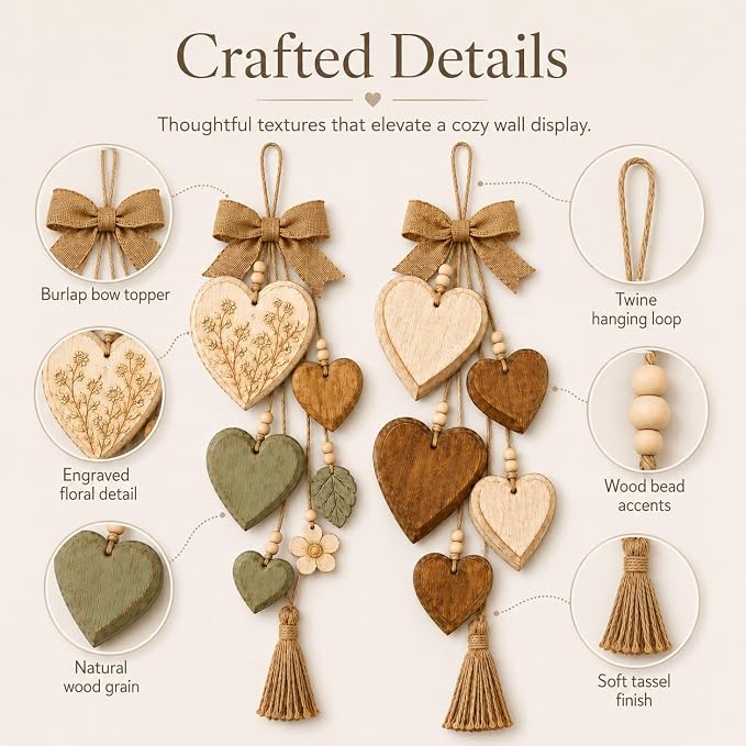 Rustic Solid Wood Heart Wall Hanging, Farmhouse Burlap Bow Decor with Distressed Wooden Hearts & Pendants, Romantic Art for Bedroom & Home Room, Vintage Charm Art Decor Signs(Natural Cream)