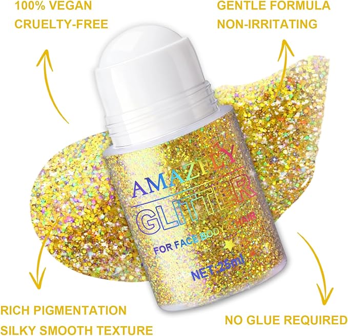 Roll-on Holographic Body Glitter Gel for Face and Hair, Chameleon Color Changing Glitter Gel Under Light, Chunky Mermaid Sequins Festival Party Rave Accessories Body Shimmer Makeup (Gold)