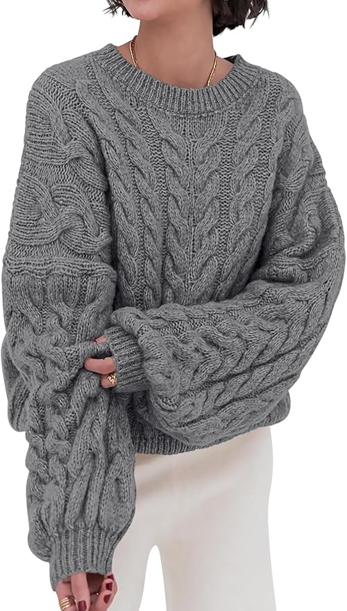 PRETTYGARDEN Womens Sweaters Spring 2026 Cable Knit Long Sleeve Crewneck Oversized Sweater Chunky Pullover Loose Outfits