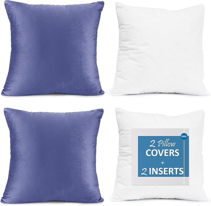 Throw Pillow Inserts Pack of 2 with Velvet Soft Solid Decorative Square Throw Pillow Covers Set for Sofa Couch Car Bedroom, 18X18 Throw Pillows Inserts with 16x16 Washable Cushion Covers, Calm Blue