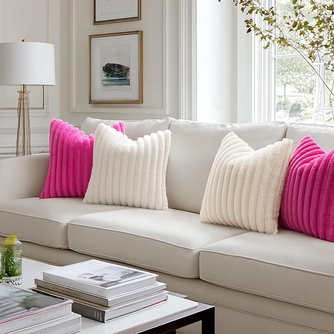 MIULEE Faux Fur Decorative Throw Pillow Covers 20x20 Set of 2 Hot Pink | Retro Vintage Boho Soft Plush Couch Pillows, Cozy Fluffy Cushion Covers for Sofa Bed Living Room Home Decor