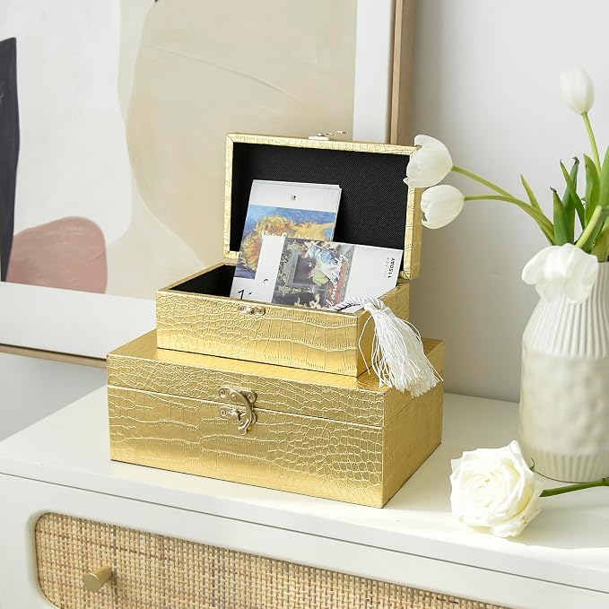 Set of 2 Wooden Decorative Nesting Storage Boxes, Gold Crocodile Leather with Clasp for Home Kitchen Living Room, Ideal Gift for Wedding Memories Jewelry Trinket