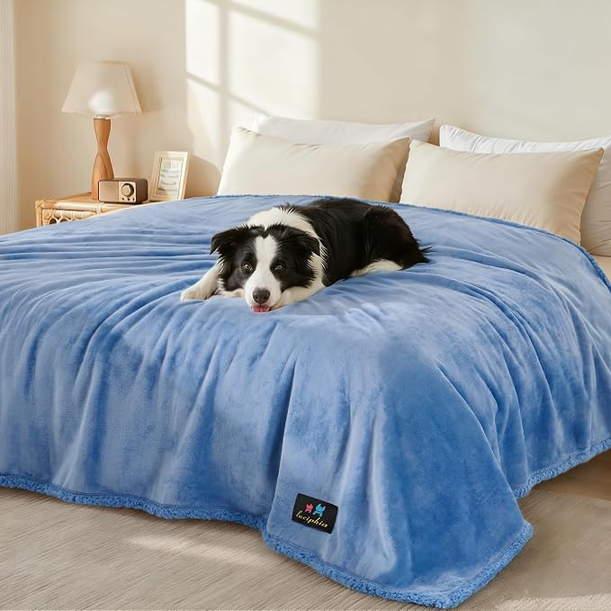 Luciphia Waterproof Blanket for Large Dog, Reversible Sherpa Couch Cover | waterproof pet blanket sherpa fleece reversible couch cover bed protector car from spills scratches, Blue 85" x 57"