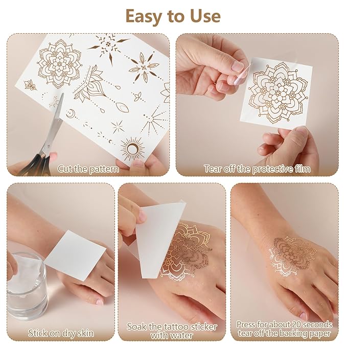 9 Sheets Gold Tattoos Temporary,Lasting Gold Tattoos for Women, Flash Glitter Body Art Temporary Tattoo for Festivals, Parties, and Cosplay Festival Accessories