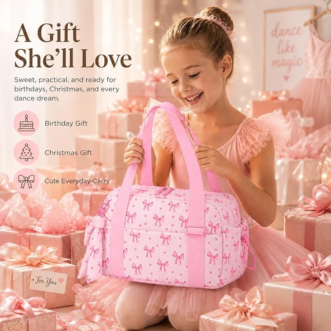 LOIDOU Aesthetic Dance Bag for Girls Corduroy Lightweight Bow Ballet Gymnastic Bag, Small Gym Bag for Women with Wet Dry Pocket, Cute Tote Bag Gifts for Birthday Christmas