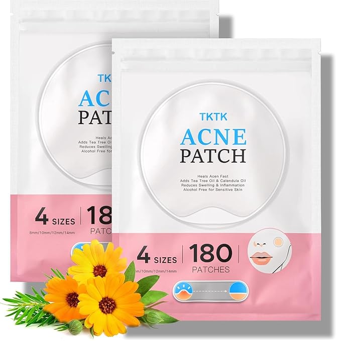 TKTK Hydrocolloid Acne Patches, Pimple Patches for Face with Tea Tree & Calendula Oil - 4 Sizes Clear Cover Stickers, Invisible for Day & Night Use (360 Count)
