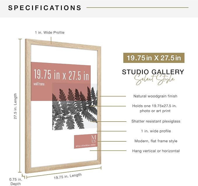 MCS Studio Gallery 19.75x27.5 Poster Frame Natural Woodgrain Engineered Wood, Vertical & Horizontal Wall Hanging Large Picture Frame for Photos, Posters & Art Prints (1-Pack)