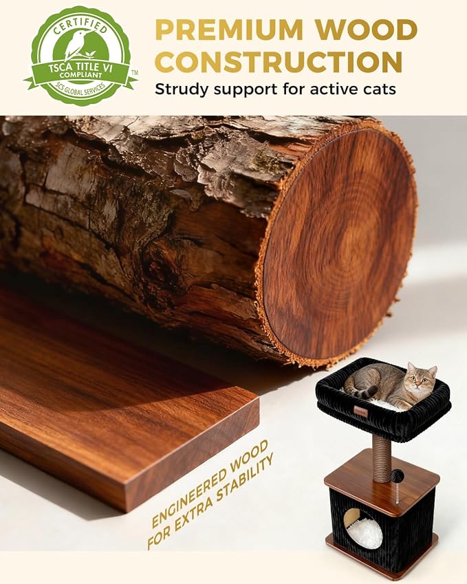 Small Cat Tree for Indoor Kittens, 30" Compact Modern Cat Tower | Natural Bamboo Cozy Condo, Soft Padded Perch, Sisal Scratching Post, Dangling Ball Toy, Stable Base, for Cats up to 15 lbs