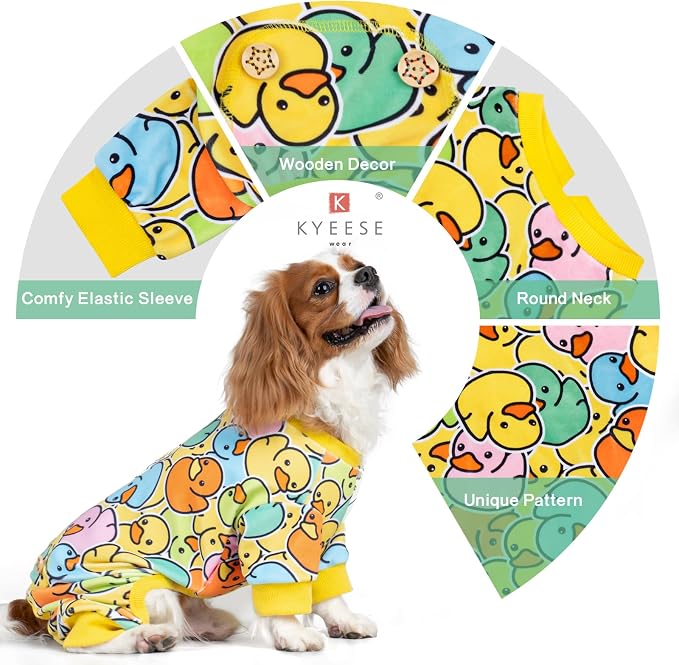 KYEESE Velvet Dog Pajamas for Large Dogs Soft Onesie Shirt, Colorful Duck | 4-Way Stretch, Lightweight & Breathable, Reduces Shedding, Gentle on Sensitive Skin, Recovery Support, Easy Potty Breaks