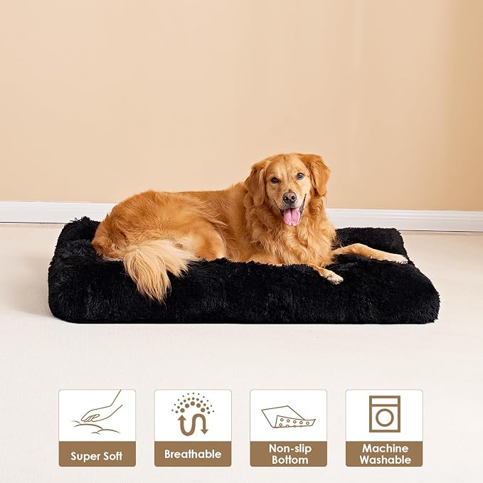 EHEYCIGA Fluffy Dog Crate Bed, Plush Extra Large Dog Pillow, Black | Xlarge Calming Anti Anxiety Plush Faux Fur Mat for Large size dogs, Washable Soft Warm Dog Pad with Non-Slip Bottom