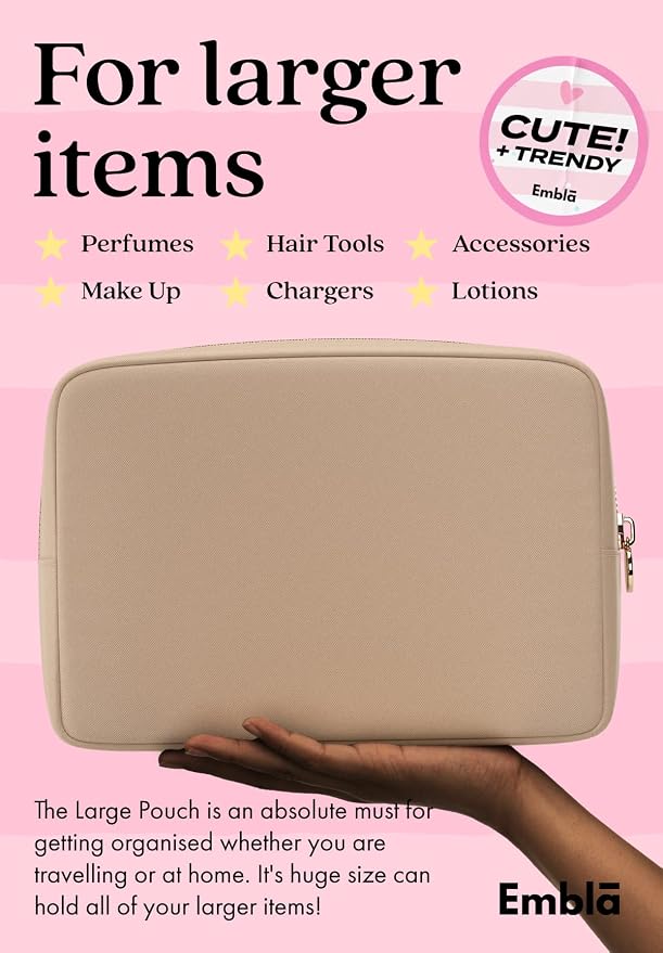 Embla Large Makeup Bag and Waterproof Nylon Travel Toiletry Bag, Large Capacity Cosmetic Zipper Pouch, Beige