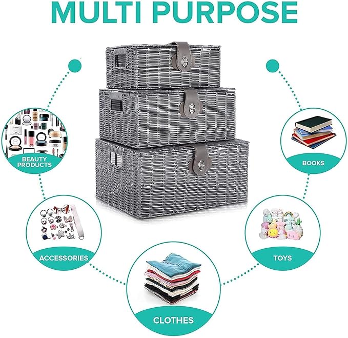 Set of 3 Woven Wicker Storage Basket Box with Lids & Lock, Built-in Carry Handles, Multifunctional Storage Organizer for Nursery, Baby, Clothes, Toys, Books, Large/Medium/Small Size (Grey)