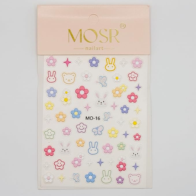 3D Embossed Korean Style Spring Bloom Nail Art Stickers, Flowers, Butterflies, Bunnies, Rainbow, Hearts, Self-Adhesive, Easy DIY for Everyday Outfit. (Bunny+Daisy) 2-Pack