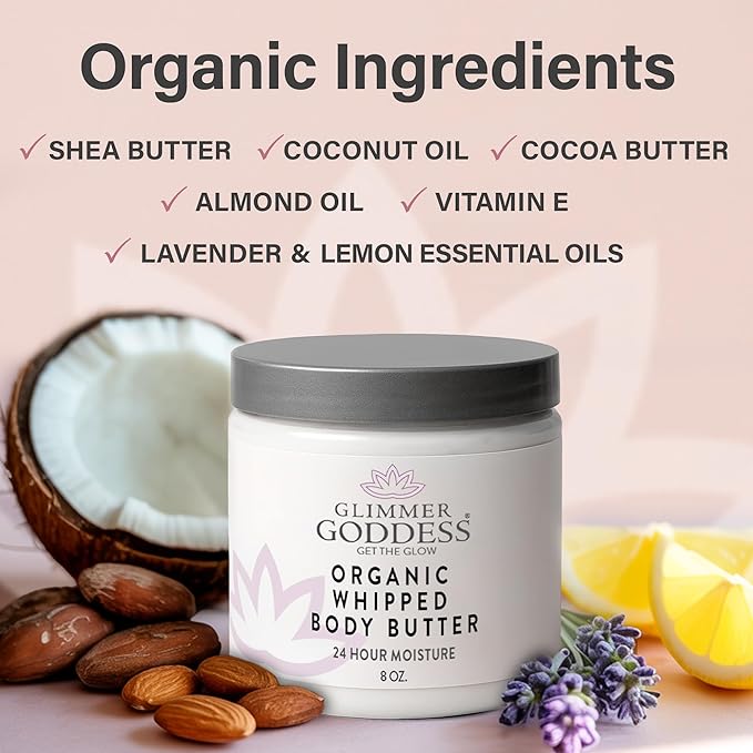 Glimmer Goddess Organic Whipped Body Butter for Women - Moisturizer Cream with Shea & Cocoa Butter, Almonds & Coconut Oil - Pink Grapefruit, 8oz