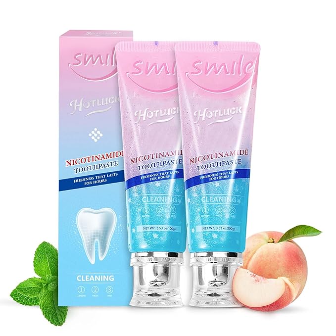 Hotluck Niacinamide Whitening Toothpaste - Brightening, Stain Removal, Freshening Breath - Deep Gentle Cleaning Tooth Paste, Boosting Gum Health, Mint & Peach 3.53oz (Pack of 2)