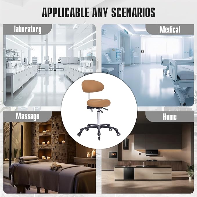 Ergonomic Rolling Saddle Stool with Back Support Professional Height Adjustable Swivel Chair for Drafting Salon Hair Massage Spa, in Camel