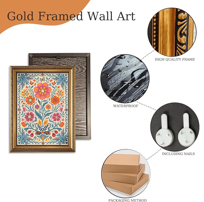 Mexican Folk Gold Framed Wall Art Vintage Floral Butterfly Wall Decor Art | Colorful Botanical Pictures Canvas Art Maximalist Small Framed Prints Artwork Vanity Bedside Tables Bookshelf Gallery Wall