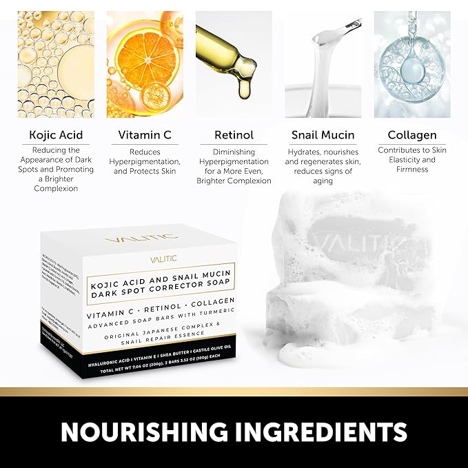 VALITIC Snail Mucin Cleanser Soap Bar with Turmeric and Kojic Acid Dark Spot Corrector – Anti Aging and Purifying Skin Care Snail Secretion for Intense Hydration and Moisturization – 4 Pack
