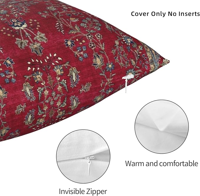 Central Red Persian Silk Rug Print Pillow Covers Decorative Square Throw Pillowcase 18x18 Inch Couch Cushion Cover for Home Decor Living Room Bedroom College Dorm Bed Car Sofa