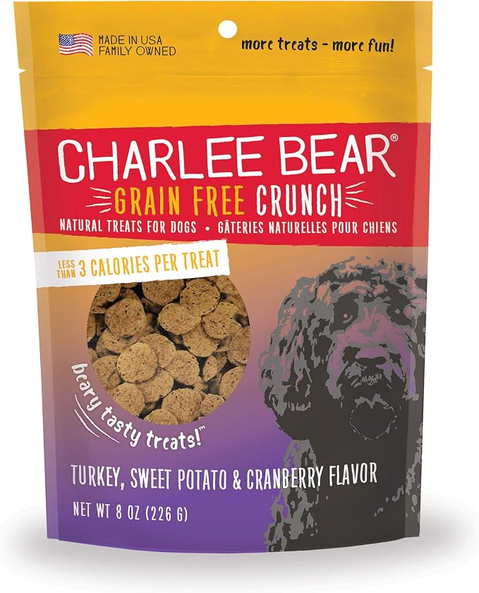 Charlee Bear Crunch Grain Free Dog Treats,Turkey,Sweet Potato and Cranberry,8 Ounce Resealable Bag,Low Calorie Training Treats for Dogs,Limited Ingredient, Crunchy Dog Snacks, Made in USA (Pack of 2)