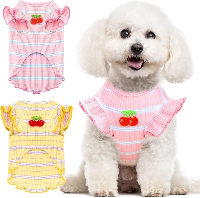 2 Pack Striped Small Dog T Shirt Cute Cherry Girl Dog Clothes for Small Dogs Cats Breatha ble Soft Cotton Pet Puppy Sleeveless Vest Spring Summer Pet Outfits（Pink+Yellow,Large）
