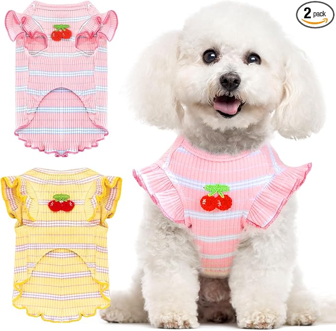 2 Pack Striped Small Dog T Shirt Cute Cherry Girl Dog Clothes for Small Dogs Cats Breathable Soft Cotton Pet Puppy Sleeveless Vest Spring Summer Pet Outfits（Pink+Yellow,XX-Large）