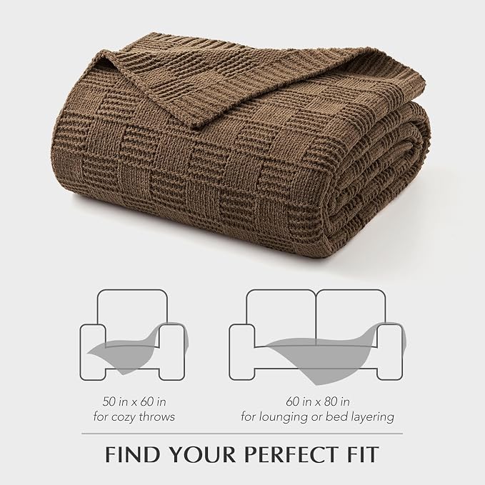 EVERGRACEHOME Modern Checkered Chenille Throw Blanket, 60x80, Camel Brown | Lightweight Warmth, All-Season Breathability, OEKO-TEX certified, Timeless Grid Pattern, Farmhouse Throw for Couch, Bed, Sofa