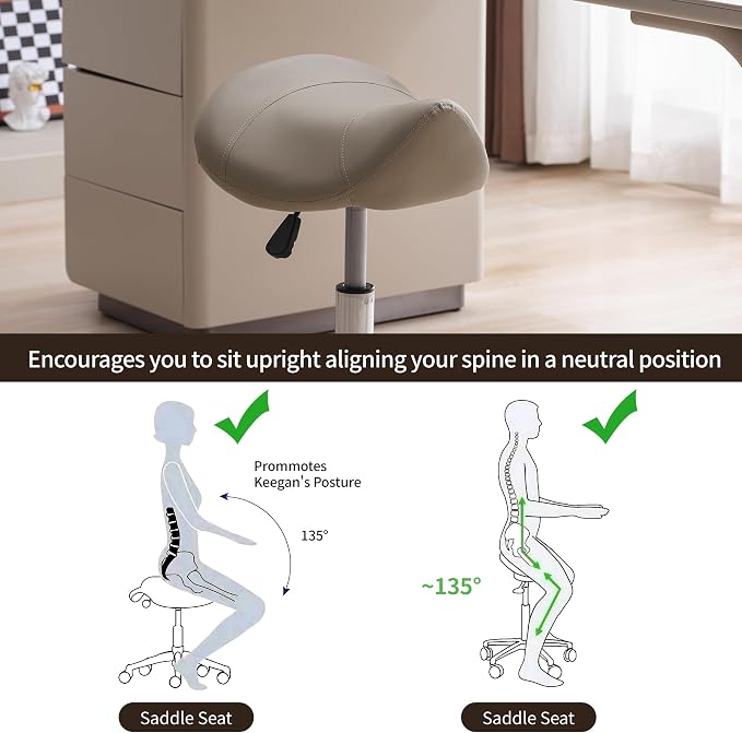 FIRAVOE Saddle Stool, Swivel Saddle Stool with Wheels, Adjustable Rolling Stool 18"-26", Faux Leather Rolling Stool for Salon, Massage, Clinic, Lab, Office (Light Grey, 1PCS (18"-26"))