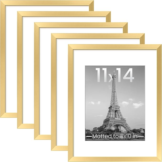 upsimples 11x14 Picture Frame, Gallery Wall Frames Set of 5, Gold | Photo Frame Collage Wall Decor, 11 x 14 Frame, 8x10 Frame with Mat for Family, Baby, Hallway, Diamond, Wedding
