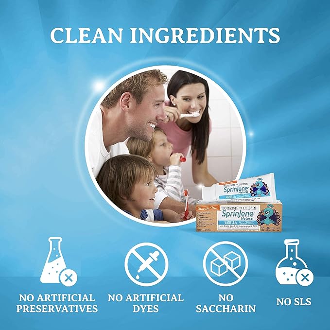 SprinJene Natural Children’s Toothpaste – Fluoride Free Vanilla Toothpaste for Toddlers & Kids – Gentle Safe Natural Formula with Patented Black Seed Oil & Zinc – Made in The USA (4 Pack)