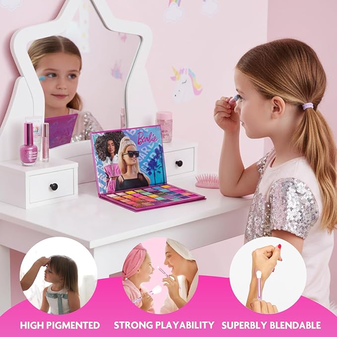 Barbie 35-Well Shadow Palette, Shimmery and Opaque Colors, Pigmented Blendable, 8 Application Brushes Ages 8+, Perfect for Parties, Sleepovers & Makeovers, By Townley Girl
