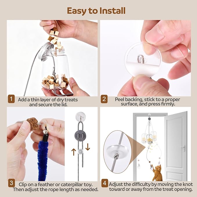 2-in-1 Hanging Cat Toy for Indoor Cats, Interactive Door Hanging Teaser & Treat Dispenser, Self Play Kitten Toy with Feather, Springs & Rope, Boredom Relief for Home Alone Cats