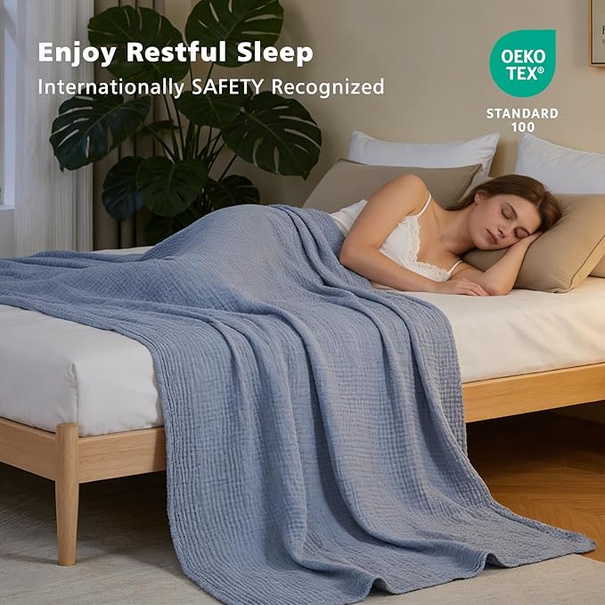 EMME Cotton Muslin Large Throw Blanket Couch Breathable Gauze Soft Lightweight Bed Blankets Adults (Heather Dusty Blue, 50"x70")