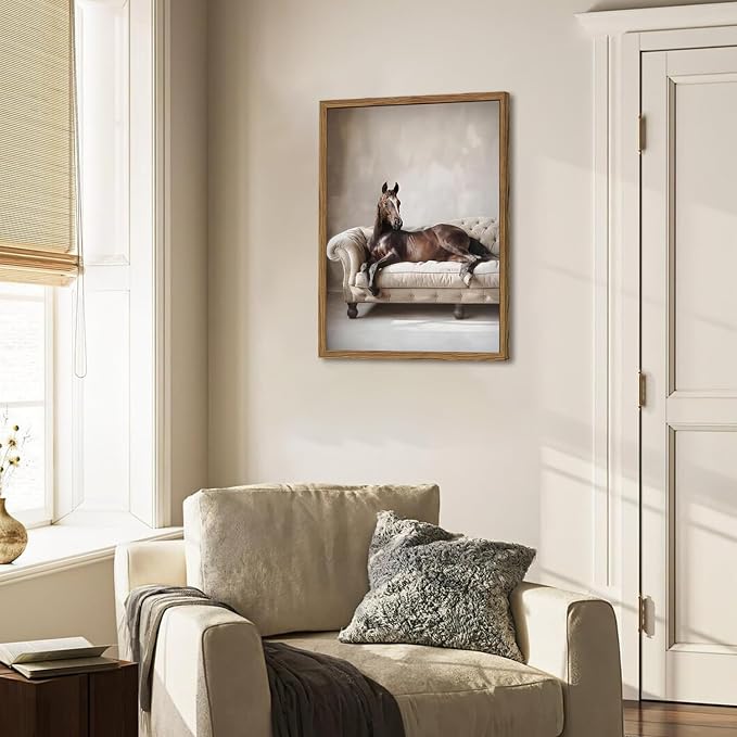 Framed Funny Horse Canvas Wall Art, Vintage Western Brown Horse On Sofa Pictures Wall Decor, Rustic Farmhouse Animal Paintings Prints for Living Room Bedroom Office Dorm 12x16 inch