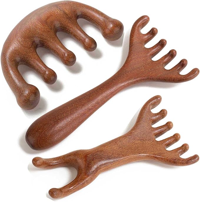 Head Massager Scalp, Wooden Scalp Massager, Foot Massage Tool | with storage pouch, natural Sandalwood, masajeador de cabeza, scalp massage for stress relax, foot massage for muscles relax